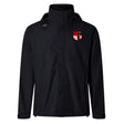 The Amoskeag Rugby Club Elite Storm Jacket by EMB Canterbury is a black jacket with a high collar and hood, featuring a red and white crest on the left chest. Crafted for durability from Outdoor Specialist Fabrics, this Vaposhield Performance piece ensures you stay dry and stylish in any weather.