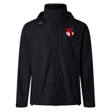 The Amoskeag Rugby Club Elite Storm Jacket by EMB Canterbury is a black jacket with a high collar and hood, featuring a red and white crest on the left chest. Crafted for durability from Outdoor Specialist Fabrics, this Vaposhield Performance piece ensures you stay dry and stylish in any weather.