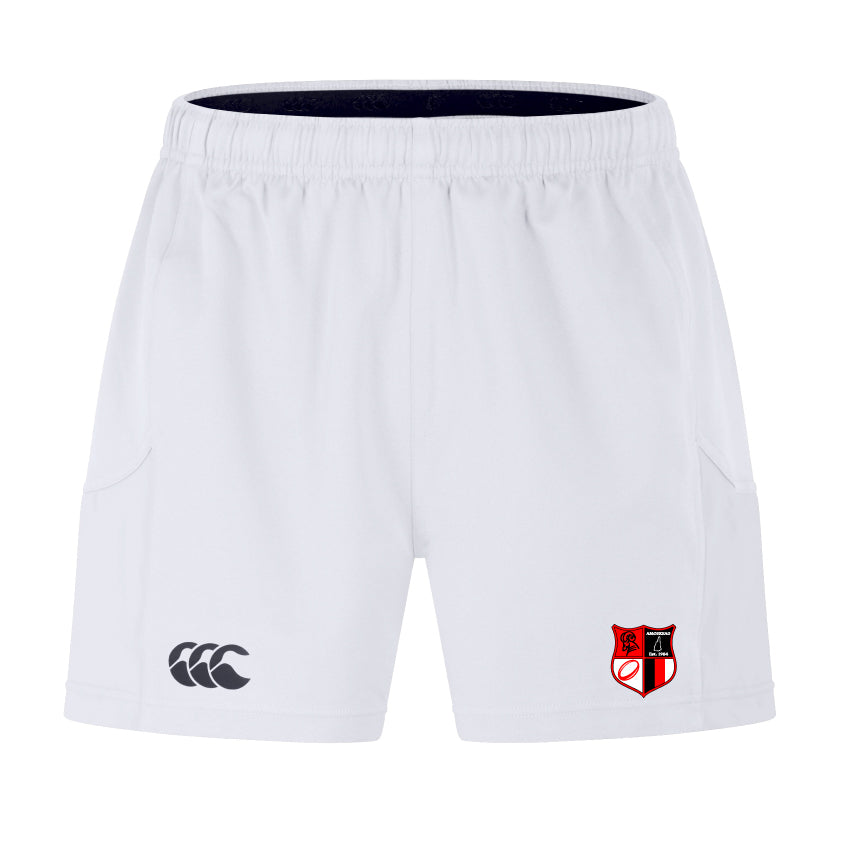 The Amoskeag Rugby Club Advantage Short 2.0 by EMB Canterbury features a logo with two stylized C's on the left and a red and black shield emblem on the right, crafted from recycled content for enhanced performance.