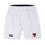 The Amoskeag Rugby Club Advantage Short 2.0 by EMB Canterbury features a logo with two stylized C's on the left and a red and black shield emblem on the right, crafted from recycled content for enhanced performance.