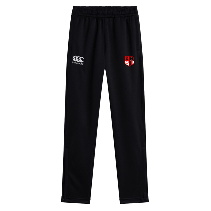 The Amoskeag Rugby Club Stretch Tapered Pant by EMB Canterbury features an elastic waistband, a red and white shield logo on the right, and a white Canterbury logo on the left. These quick-dry pants are ideal for an active lifestyle.