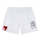 The Amoskeag Rugby Club Tactic Shorts by EMB Canterbury offer lightweight comfort with a red and black crest on the left, and a stylized black logo on the right, making them perfect for casual wear or athletic pursuits.