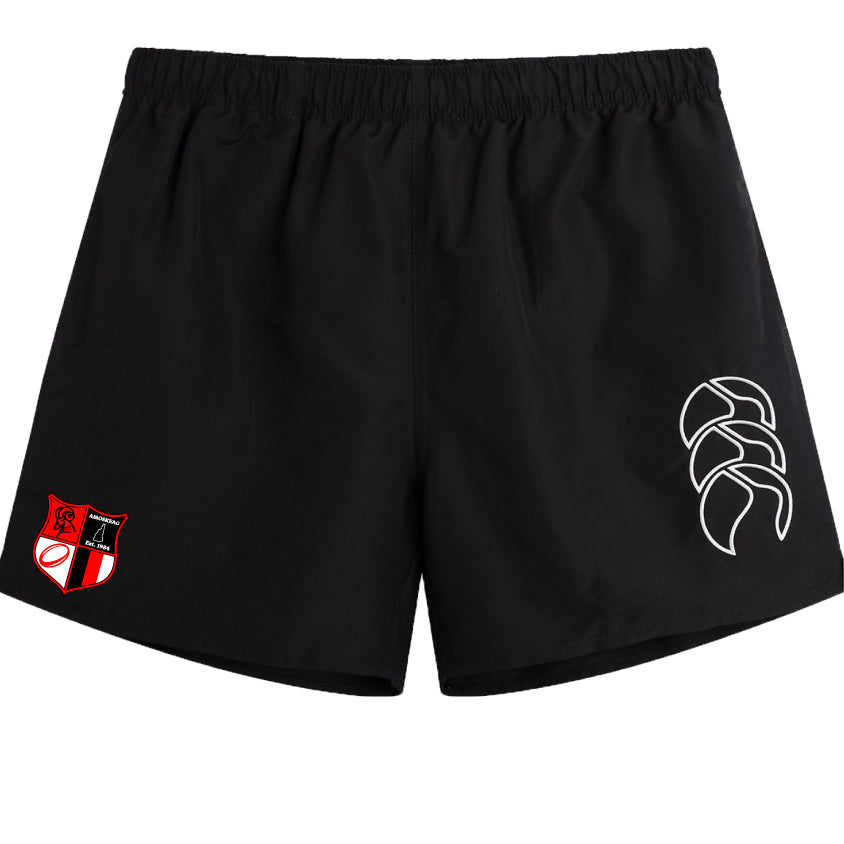The Amoskeag Rugby Club Tactic Shorts by EMB Canterbury offer an elastic waistband for comfort, a sleek white abstract logo on the right leg, and a bold red and black crest on the left, perfect for casual wear or rugby performance.