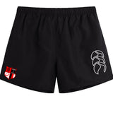 The Amoskeag Rugby Club Tactic Shorts by EMB Canterbury offer an elastic waistband for comfort, a sleek white abstract logo on the right leg, and a bold red and black crest on the left, perfect for casual wear or rugby performance.