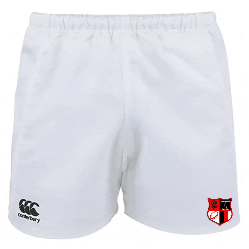 The Amoskeag Rugby Club Professional Polyester Rugby Shorts by EMB Canterbury are durable, with a white design and Canterbury logo on the left leg paired with a red and black shield on the right, ideal for practice sessions or matches.