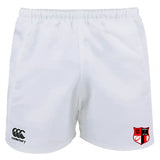 The Amoskeag Rugby Club Professional Polyester Rugby Shorts by EMB Canterbury are durable, with a white design and Canterbury logo on the left leg paired with a red and black shield on the right, ideal for practice sessions or matches.