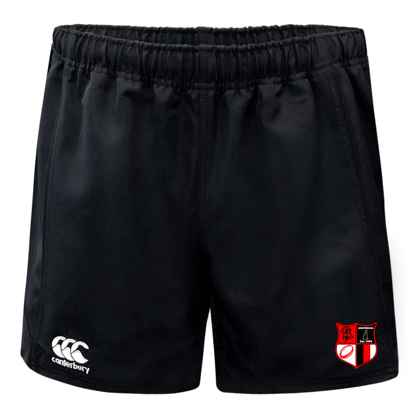 The Amoskeag Rugby Club Professional Polyester Rugby Short by EMB Canterbury are black, with an elastic waistband, durable polyester material, a white Canterbury logo on the left, and a red and white shield emblem on the right.