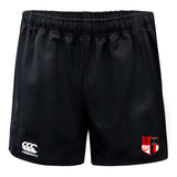 The Amoskeag Rugby Club Professional Polyester Rugby Short by EMB Canterbury are black, with an elastic waistband, durable polyester material, a white Canterbury logo on the left, and a red and white shield emblem on the right.