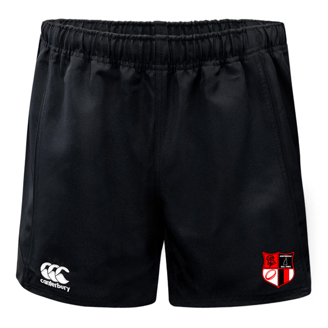 The Amoskeag Rugby Club Professional Polyester Rugby Short by EMB Canterbury are black, with an elastic waistband, durable polyester material, a white Canterbury logo on the left, and a red and white shield emblem on the right.