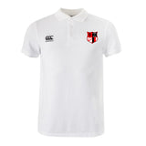 The Amoskeag Rugby Club Waimak Polo by EMB Canterbury is a white rugby polo featuring a red and black shield emblem, made from a comfy cotton-polyester blend. It has a button-up collar and displays the small Canterbury logo on the left.