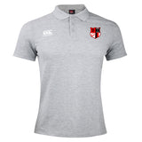 The Amoskeag Rugby Club Waimak Polo by EMB Canterbury is a gray rugby shirt with a collar, featuring Canterbury logos on the left chest and right sleeve, made from a comfortable cotton-polyester blend.