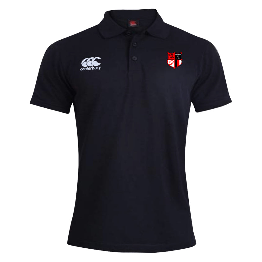 The Amoskeag Rugby Club Waimak Polo by EMB Canterbury features a classic black design in a comfy cotton-polyester blend. The right chest has the Canterbury logo, with a bold red and white emblem on the left chest.