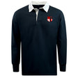 The EMB Mudoo Amoskeag Rugby Club Classic Jersey is a black long-sleeve cotton/poly blend with a white collar and features a red, white, and black shield crest on the chest for a relaxed fit.