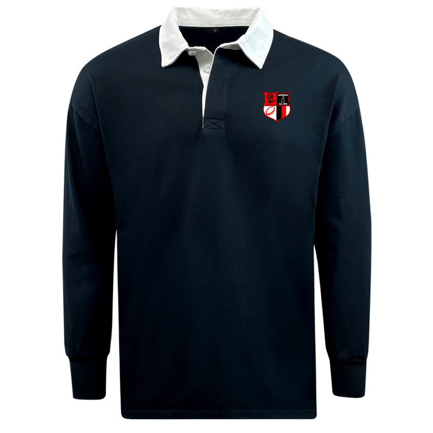 The EMB Mudoo Amoskeag Rugby Club Classic Jersey is a black long-sleeve cotton/poly blend with a white collar and features a red, white, and black shield crest on the chest for a relaxed fit.