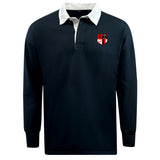 The EMB Mudoo Amoskeag Rugby Club Classic Jersey is a black long-sleeve cotton/poly blend with a white collar and features a red, white, and black shield crest on the chest for a relaxed fit.
