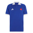 Show your support for the French Rugby Federation with the France FFR 26/27 Travel Polo by adidas—a blue, short-sleeve polo featuring a crisp white collar and cuffs, an embroidered white adidas logo on the right chest, and a bold red rooster emblem on the left chest. This official design is perfect for fans seeking classic rugby-inspired style from adidas.