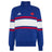 The France FFR 26/27 Travel 1/4 Zip Sweatshirt by adidas features a blue design with white and red horizontal stripes, accented by the iconic adidas logo and a red rooster emblem on the chest—a classic sweatshirt inspired by France Rugby style.