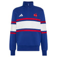 The France FFR 26/27 Travel 1/4 Zip Sweatshirt by adidas features a blue design with white and red horizontal stripes, accented by the iconic adidas logo and a red rooster emblem on the chest—a classic sweatshirt inspired by France Rugby style.