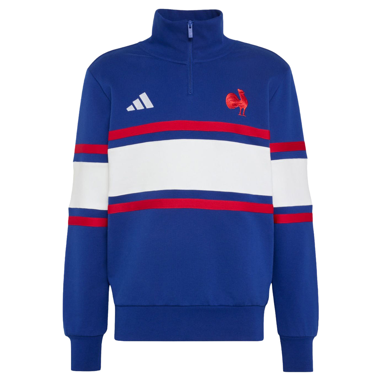 The France FFR 26/27 Travel 1/4 Zip Sweatshirt by adidas features a blue design with white and red horizontal stripes, accented by the iconic adidas logo and a red rooster emblem on the chest—a classic sweatshirt inspired by France Rugby style.