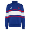 The France FFR 26/27 Travel 1/4 Zip Sweatshirt by adidas features a blue design with white and red horizontal stripes, accented by the iconic adidas logo and a red rooster emblem on the chest—a classic sweatshirt inspired by France Rugby style.