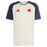 Show your support for the French national rugby team with the France FFR 26/27 Performance T-Shirt by adidas. This white short-sleeve sports jersey features dark blue sleeves, the iconic red adidas logo, and a bold red rooster emblem on the chest—a classic piece from adidas perfect for any rugby fan.