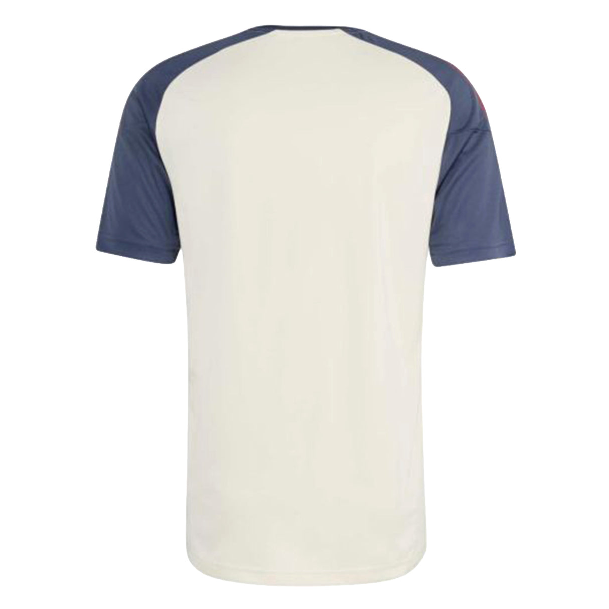 Back view of the adidas France FFR 26/27 Performance T-Shirt, featuring a white body and dark blue raglan sleeves, inspired by the iconic style of the French national rugby team, isolated on a white background.