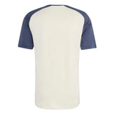 Back view of the adidas France FFR 26/27 Performance T-Shirt, featuring a white body and dark blue raglan sleeves, inspired by the iconic style of the French national rugby team, isolated on a white background.