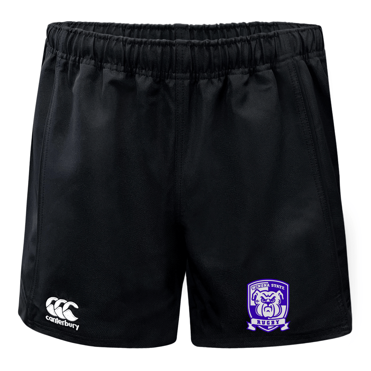 Winona State University Advantage Rugby Shorts by EMB Canterbury with an elastic waistband, featuring the EMB Canterbury logo on the left leg and a purple and white emblem with a bear on the right. Designed with non-slip grips and moisture-wicking fabric for enhanced performance.