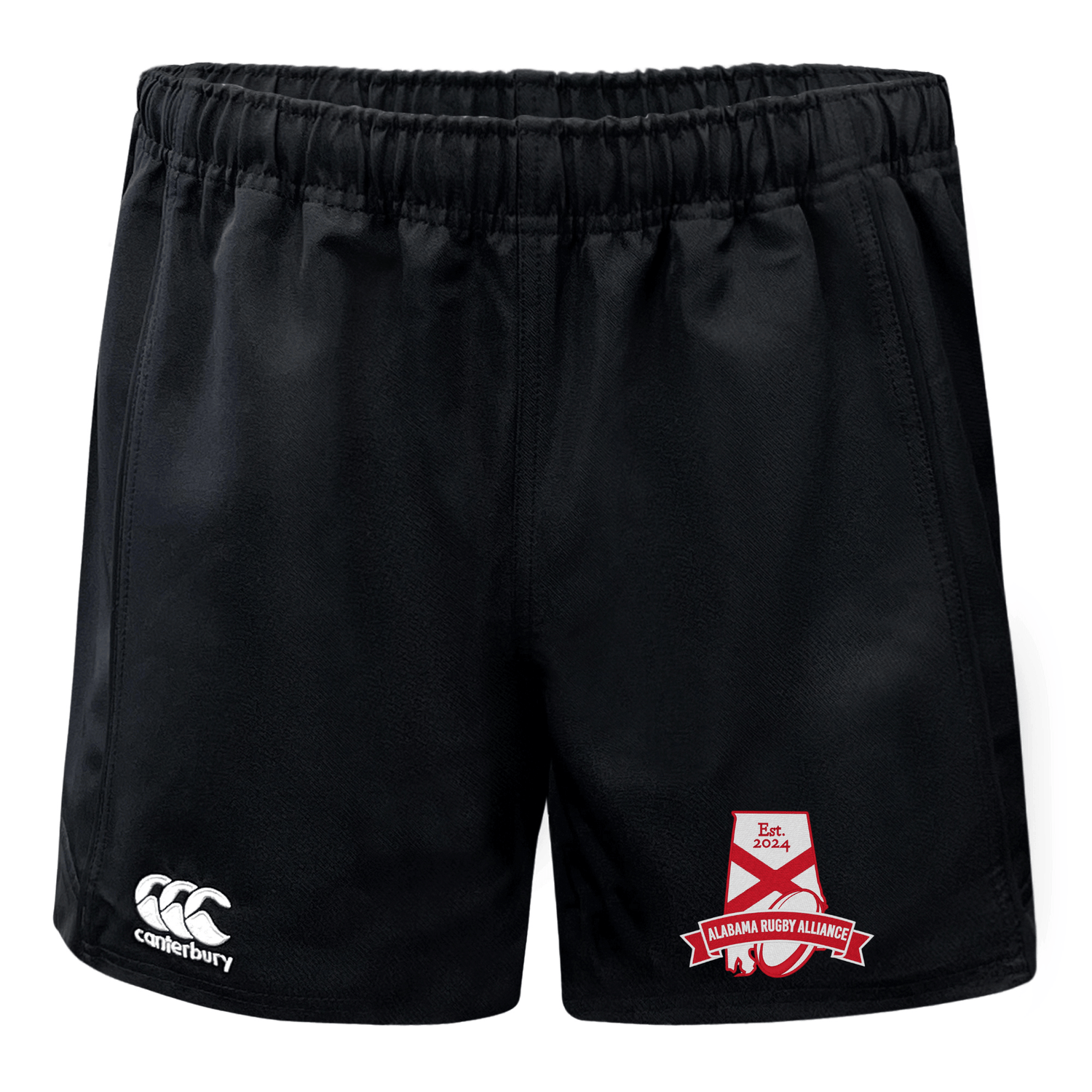 Black EMB Canterbury rugby shorts with a moisture-wicking fabric and an Alabama Rugby Alliance logo on the left leg.