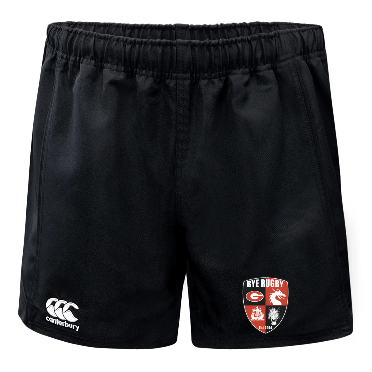 Black Rye High School Rugby Advantage Rugby Shorts by EMB Canterbury with moisture-wicking fabric and rye rugby logo.