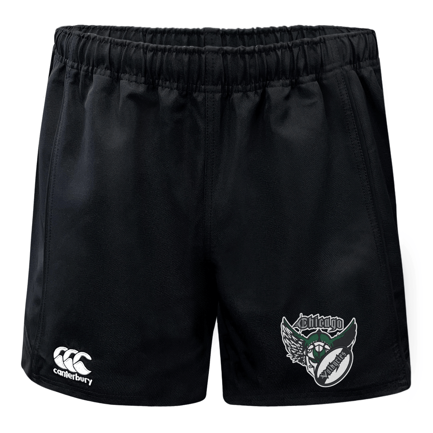 Black Chicago Valkyries Advantage rugby shorts with an elastic waistband and a moisture wicking fabric, featuring a green and white Viking logo on the right leg by EMB Canterbury.