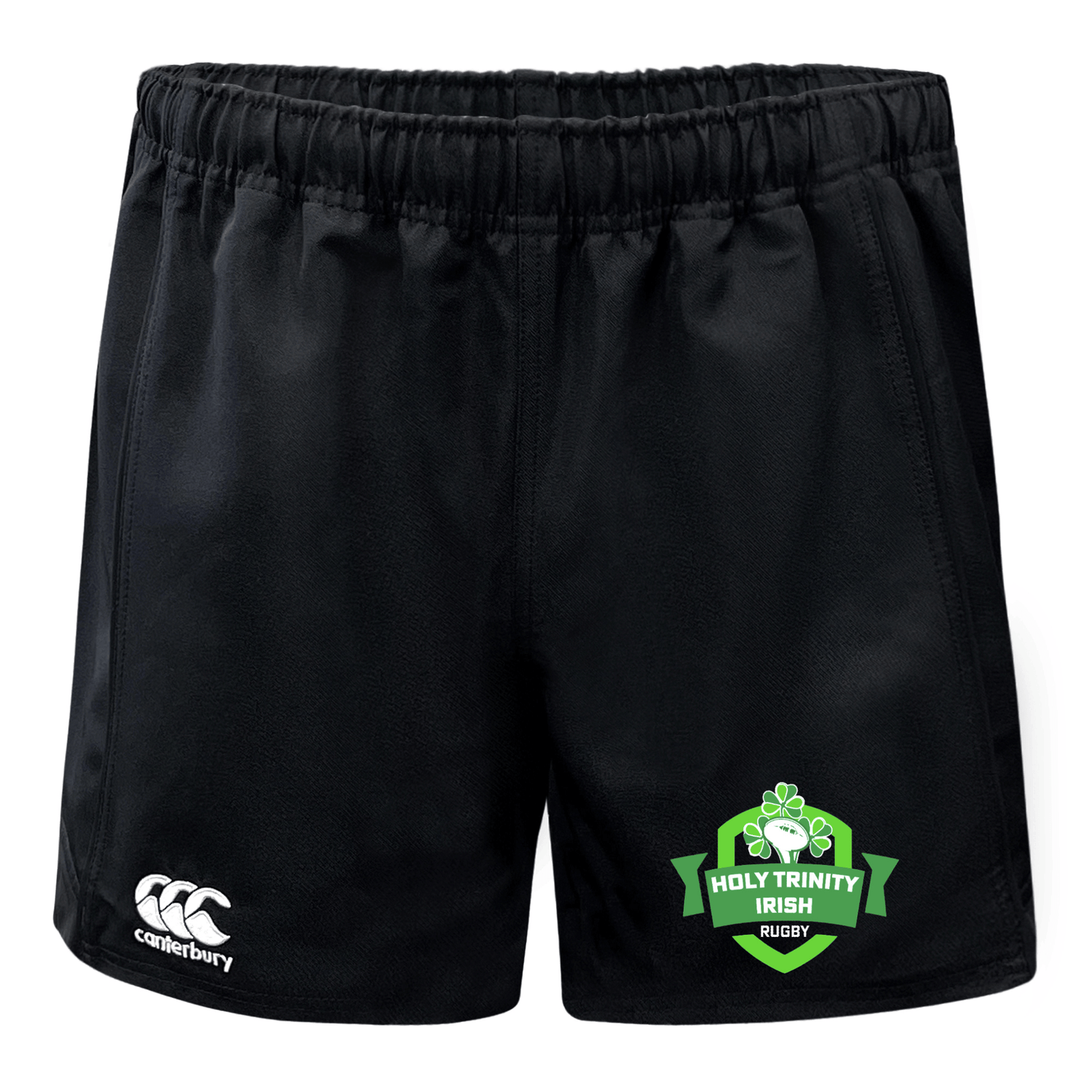 A Holy Trinity Rugby Canterbury Advantage Rugby Short with a green logo on it.