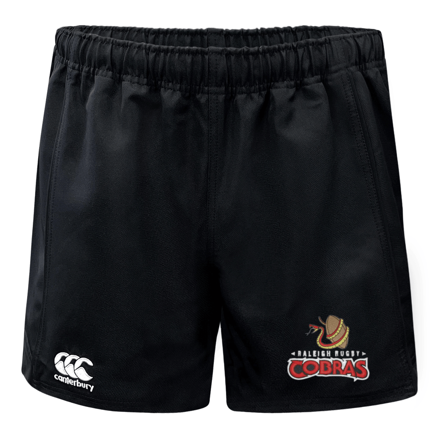 A black Raleigh Cobras Rugby Advantage Shorts by EMB Canterbury with a logo on it.