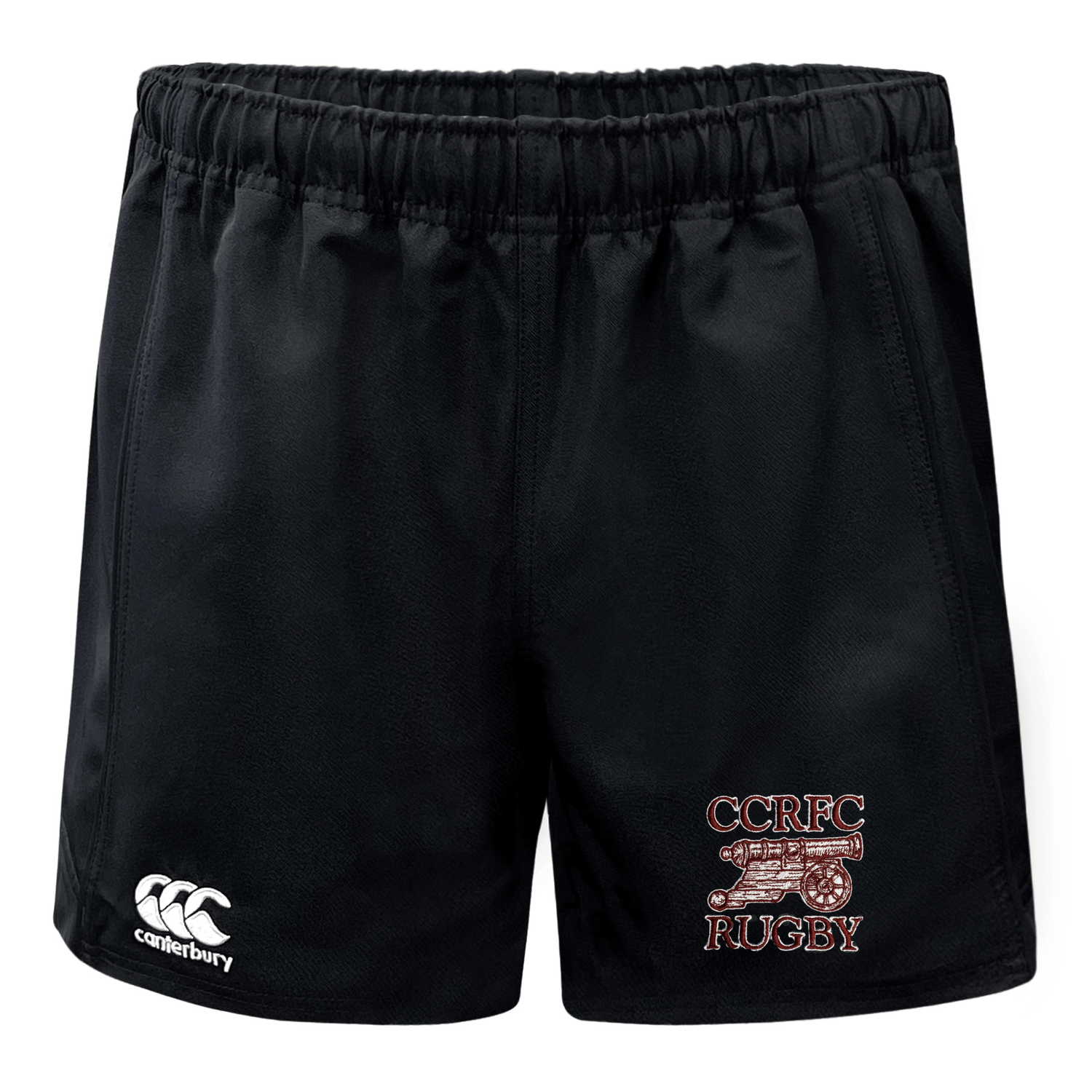Black Concord Carlisle Rugby Advantage Rugby Shorts by EMB Canterbury with an embroidered logo of "ccrfc rugby" on the right leg, featuring moisture-wicking fabric.