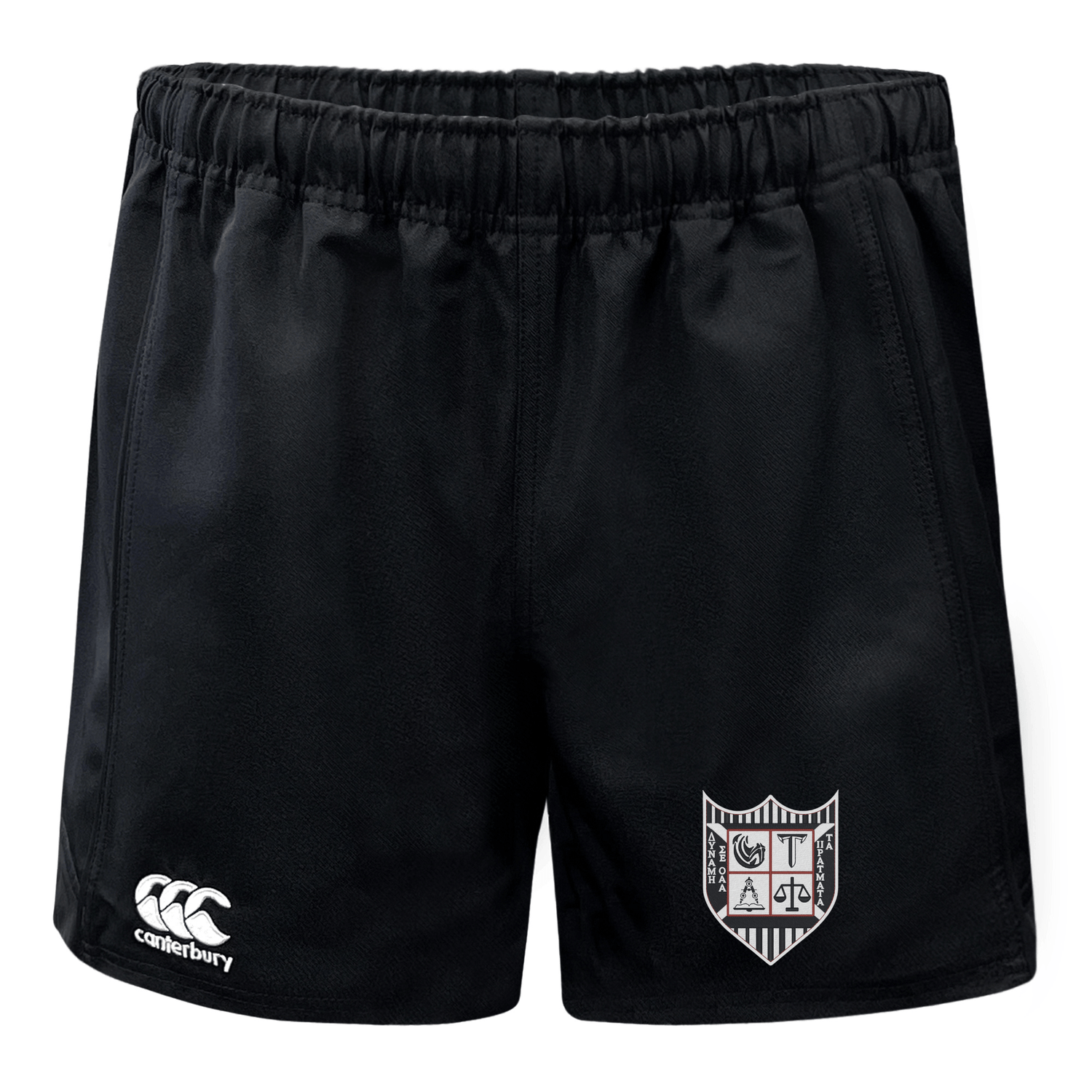 Troy University Rugby Advantage Rugby Shorts by EMB Canterbury with a white logo on the left leg and a crest on the right leg, on a white background.