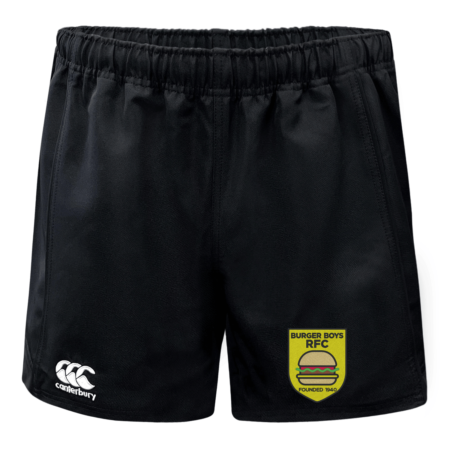 Black EMB Canterbury Burger Boys RFC Advantage Rugby Shorts with moisture wicking fabric, featuring the "burger boys rfc founded 1949" emblem on the left leg.