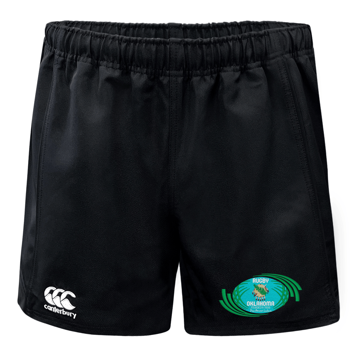 Black EMB Canterbury Advantage Rugby Shorts with an elastic waistband, featuring the Rugby Oklahoma logo on the right leg and made from moisture-wicking fabric.