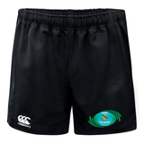 Black EMB Canterbury Advantage Rugby Shorts with an elastic waistband, featuring the Rugby Oklahoma logo on the right leg and made from moisture-wicking fabric.