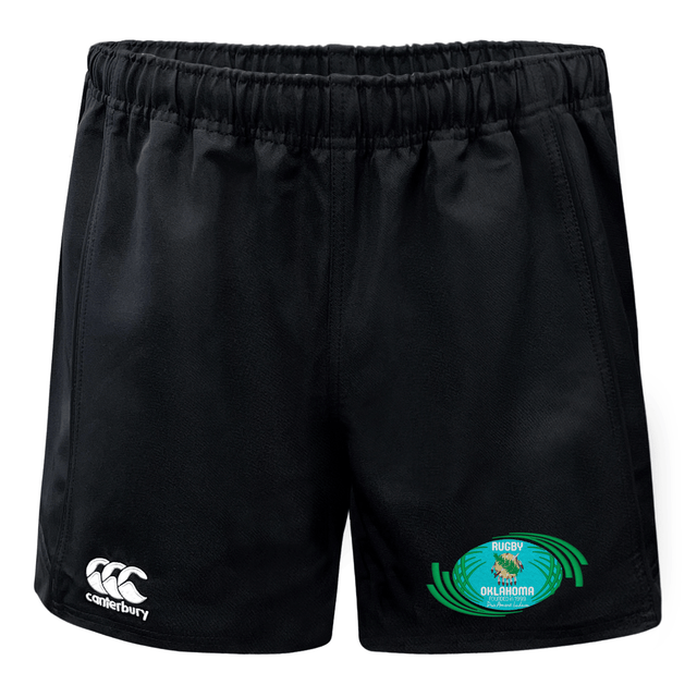 Black EMB Canterbury Advantage Rugby Shorts with an elastic waistband, featuring the Rugby Oklahoma logo on the right leg and made from moisture-wicking fabric.