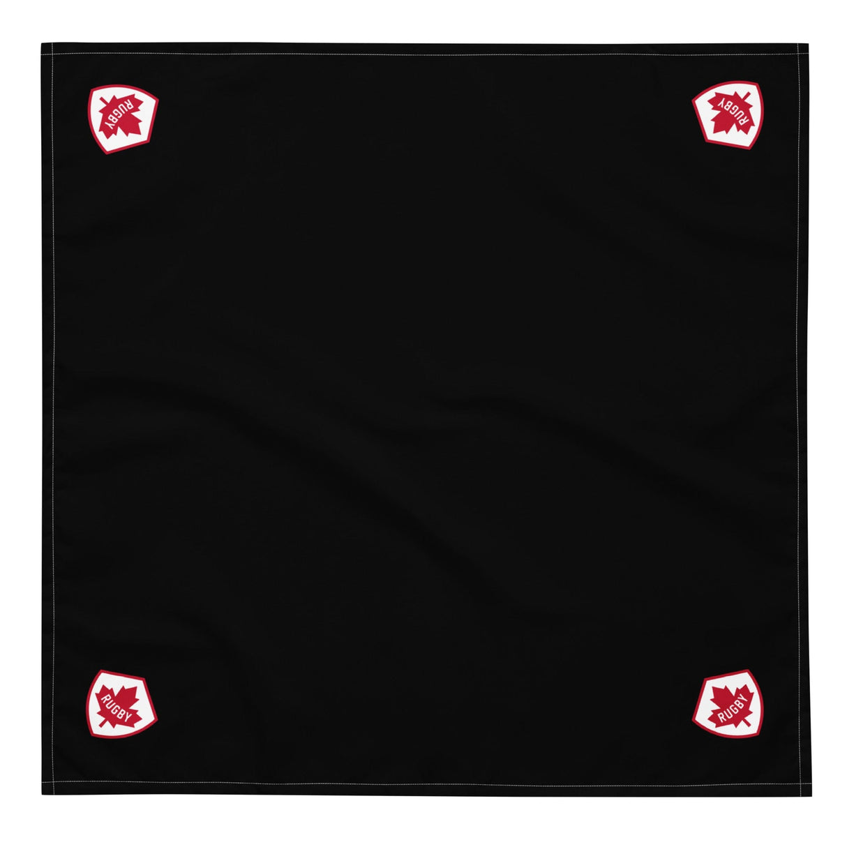 A black Rugby Canada Corner Logo Bandana with red and white designs, perfect for use as a headband.