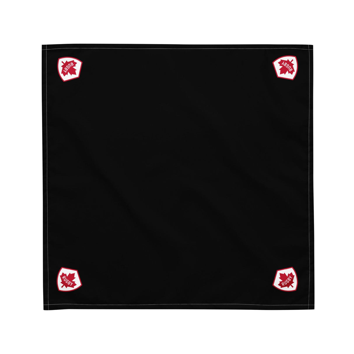 A Rugby Canada Corner Logo Bandana by PF LIC, suitable as a headband or necktie, featuring black color and red stars.