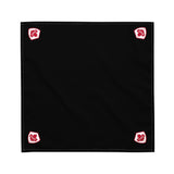 A Rugby Canada Corner Logo Bandana by PF LIC, suitable as a headband or necktie, featuring black color and red stars.