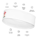 White headband with a single, colorful WRU logo on front. Headband qualities listed around the image.