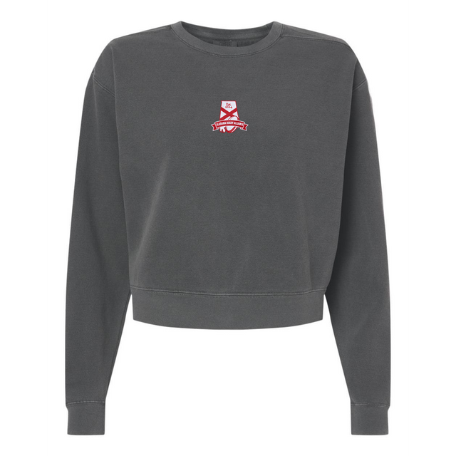 The EMB S&S Activewear Women's Alabama Rugby Alliance Mid-Length Crewneck Sweatshirt is a dark gray, garment-dyed top featuring a small red and white chest logo, shown against a plain white background.