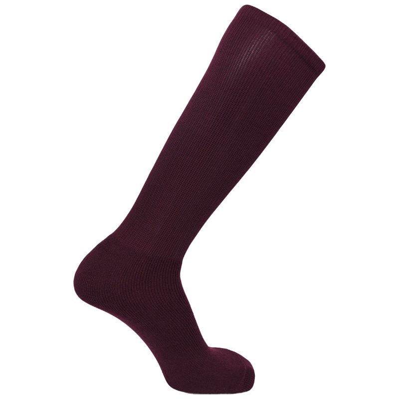 A single maroon WRS Knee-High Rugby Sock by PEARSOX with an athletic fit displayed vertically, featuring the heel and toe sections clearly visible for optimal moisture management.