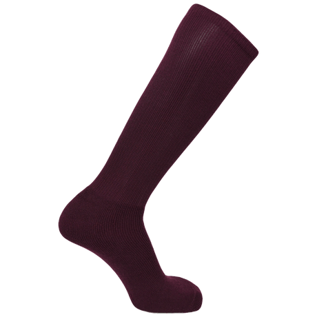 A single maroon WRS Knee-High Rugby Sock by PEARSOX with an athletic fit displayed vertically, featuring the heel and toe sections clearly visible for optimal moisture management.