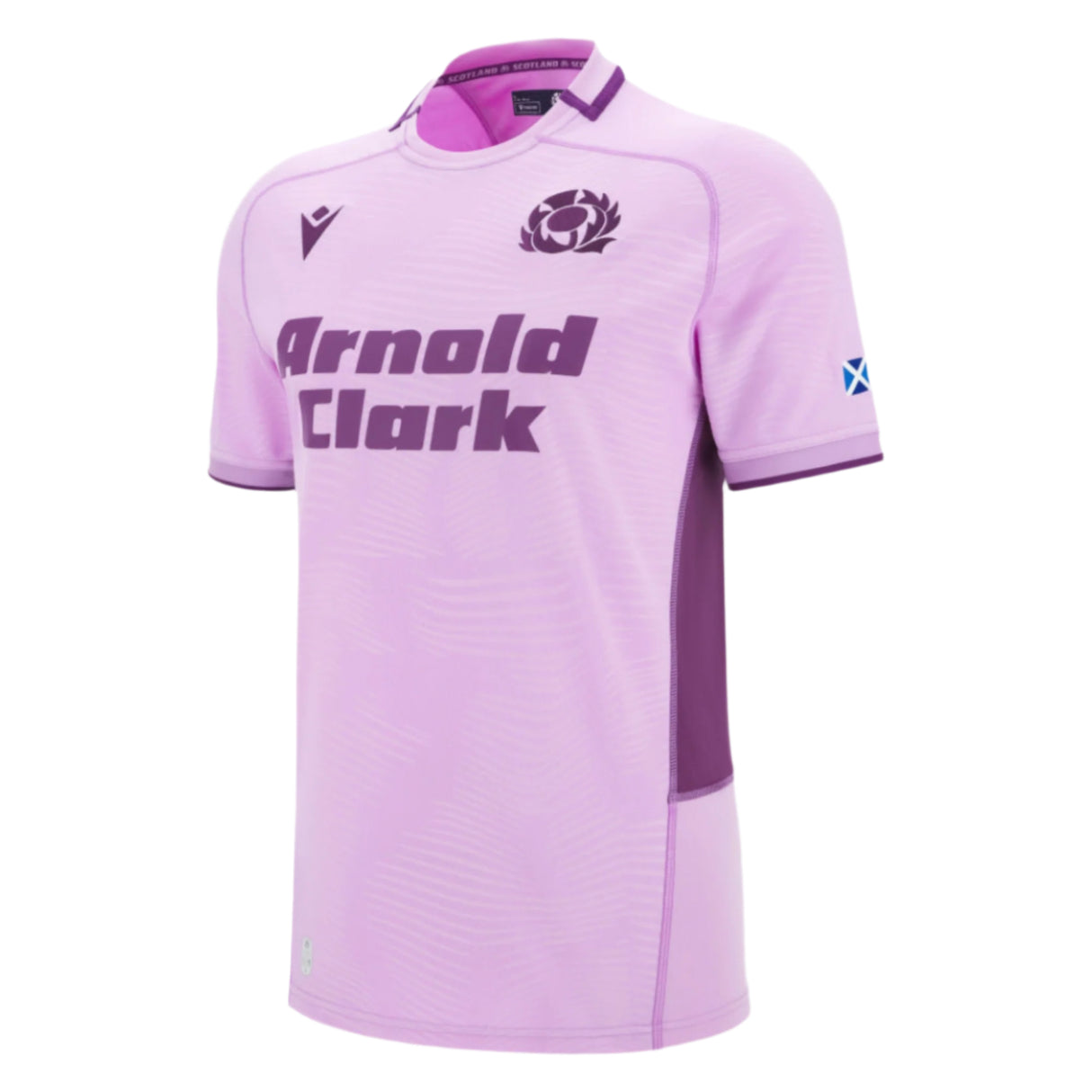 The Scotland 25/26 Replica Away Jersey by Macron features light purple fabric, dark purple side panels, the "Arnold Clark" sponsor logo, Scottish Rugby crest, and a Scotland flag on the sleeve—a must-have for fans.