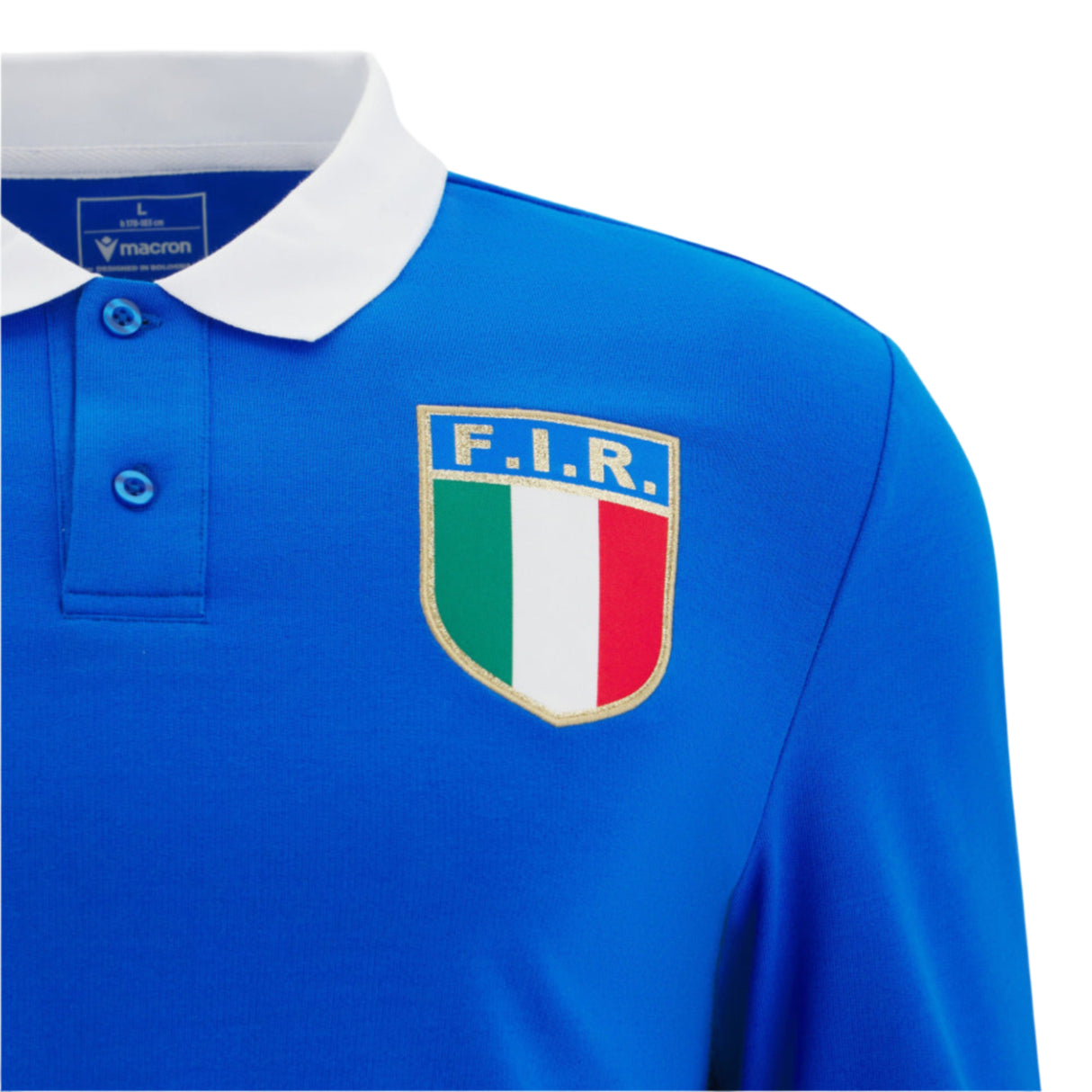 The Italy 25/26 Vintage Long Sleeve Supporters Jersey by Macron features a blue design with a white collar, F.I.R. logo, and Italian flag colors on the chest; classic supporter style with visible Macron branding near the collar.