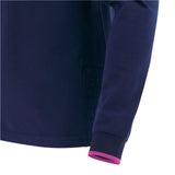 A close-up of the Scotland SRU 25/26 Replica Home Long Sleeve Cotton Jersey by Macron, highlighting the navy fabric, side seam, and a cuff with pink inner lining.