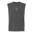The EMB S&S Activewear Birmingham Rugby Unisex Muscle Tee is a sleeveless, dark gray garment-dyed cotton top featuring a small green and white triangular emblem on the chest, shown on a plain white background.